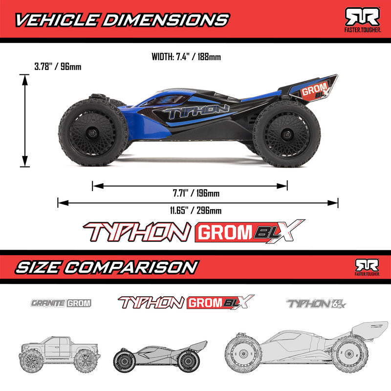 Arrma TYPHON GROM 223S BLX Brushless 4X4 Small Scale Buggy RTR with Battery & Charger, Blue