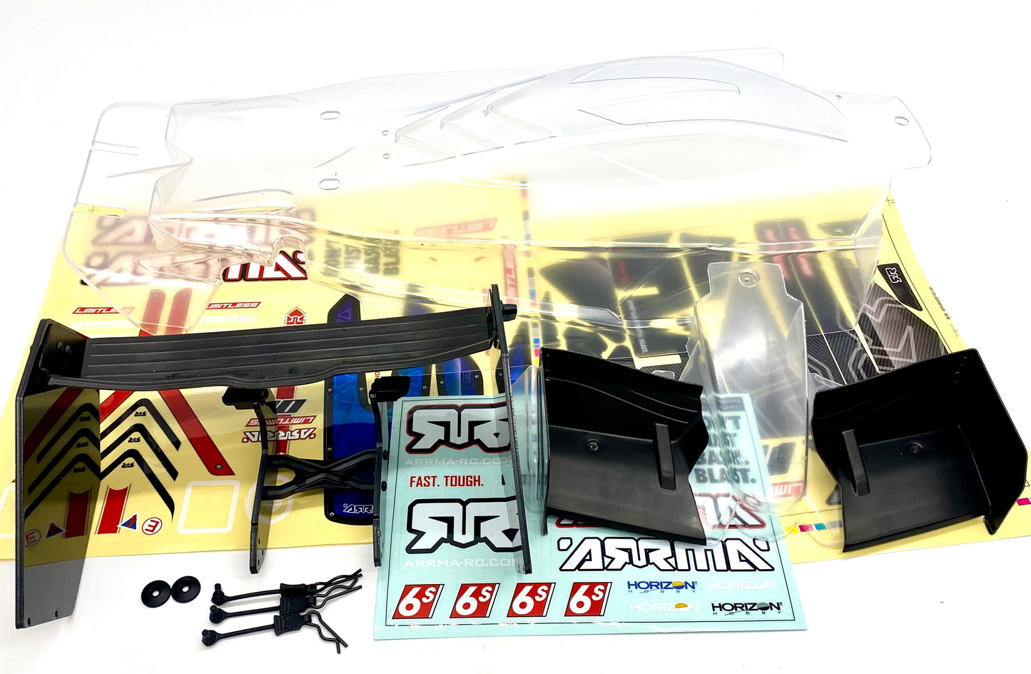 Arrma LIMITLESS v2 6s - Body Shell, wing set mount spoiler decals (Clear ARA7116V2