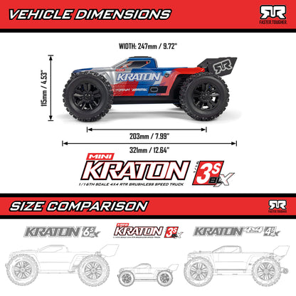 Arrma 1/16 MINI KRATON 3S DSC 4X4 RTR Brushless Speed Truck (Battery & Charger Included), Red/Blue