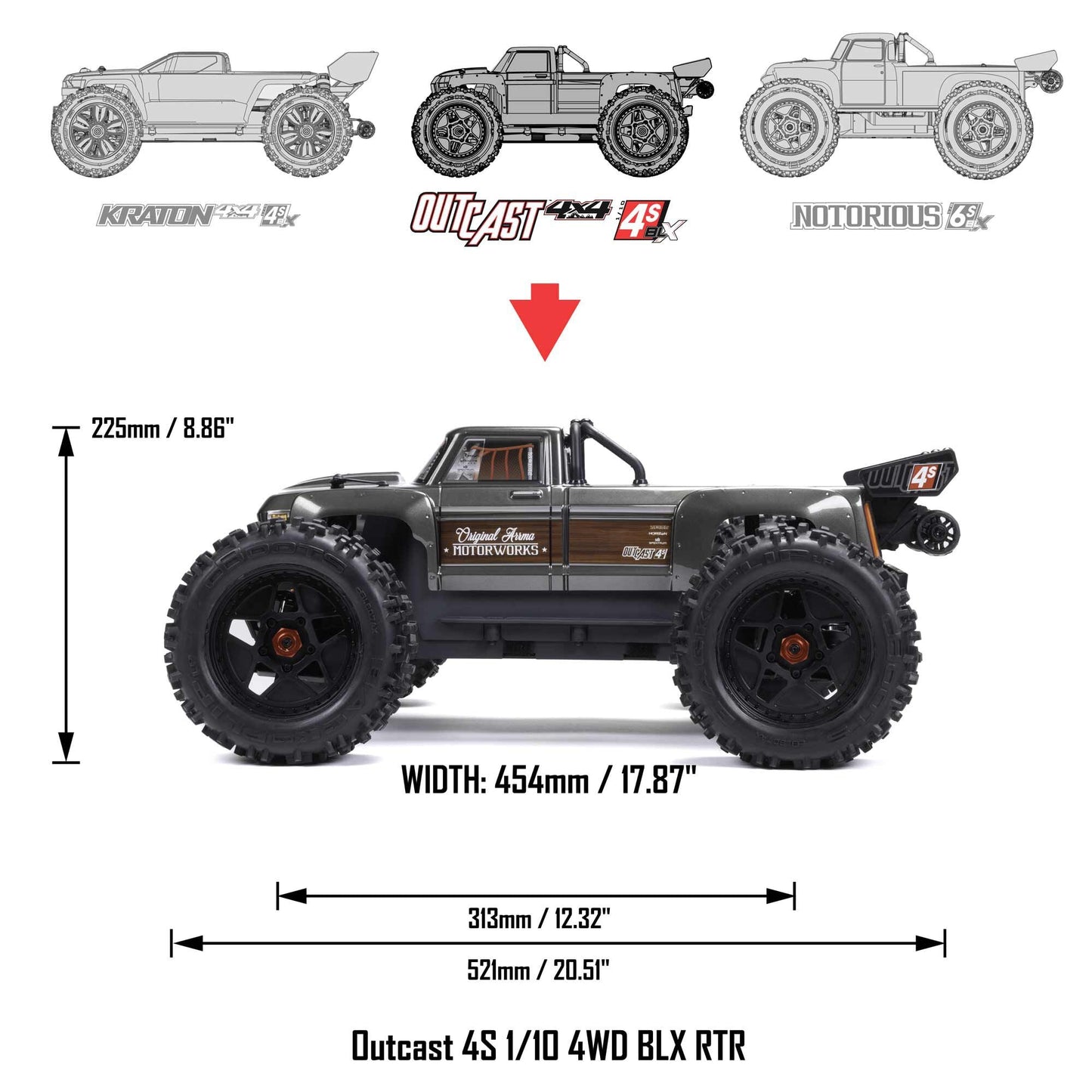 ARRMA Outcast 4X4 4s Brushless 1/10TH 4WD Stunt truck  Gunmetal grey