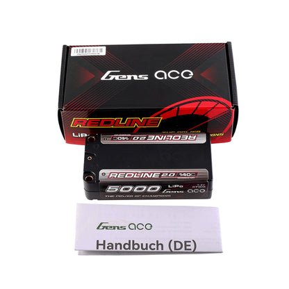 Redline 2.0 Series 7.4V 5000mAh 2S 140C Hardcase Shorty LiPo Battery, 5.0 Bullet