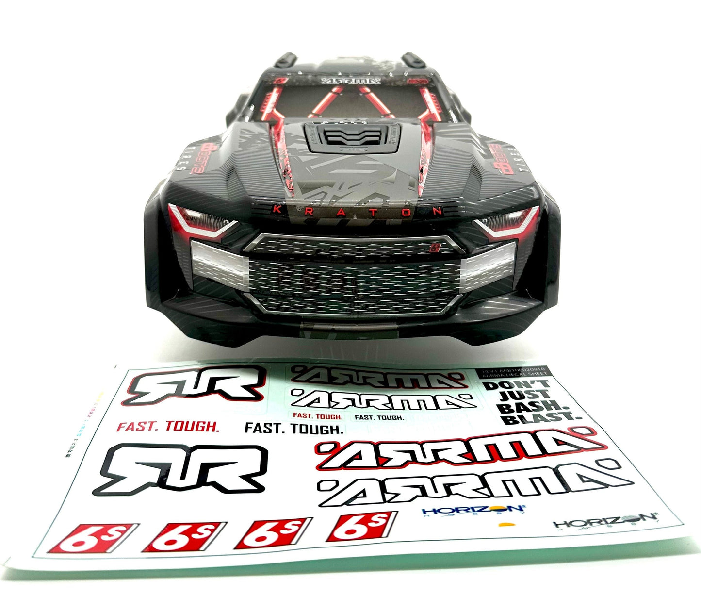 Arrma Kraton 6s EXB - BODY SHELL, Black/Red polycarbonate cover clipless ARA8708V6