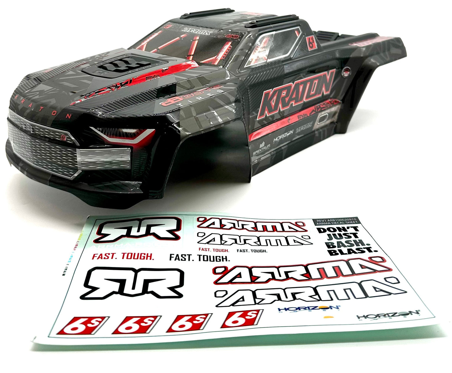 Arrma Kraton 6s EXB - BODY SHELL, Black/Red polycarbonate cover clipless ARA8708V6