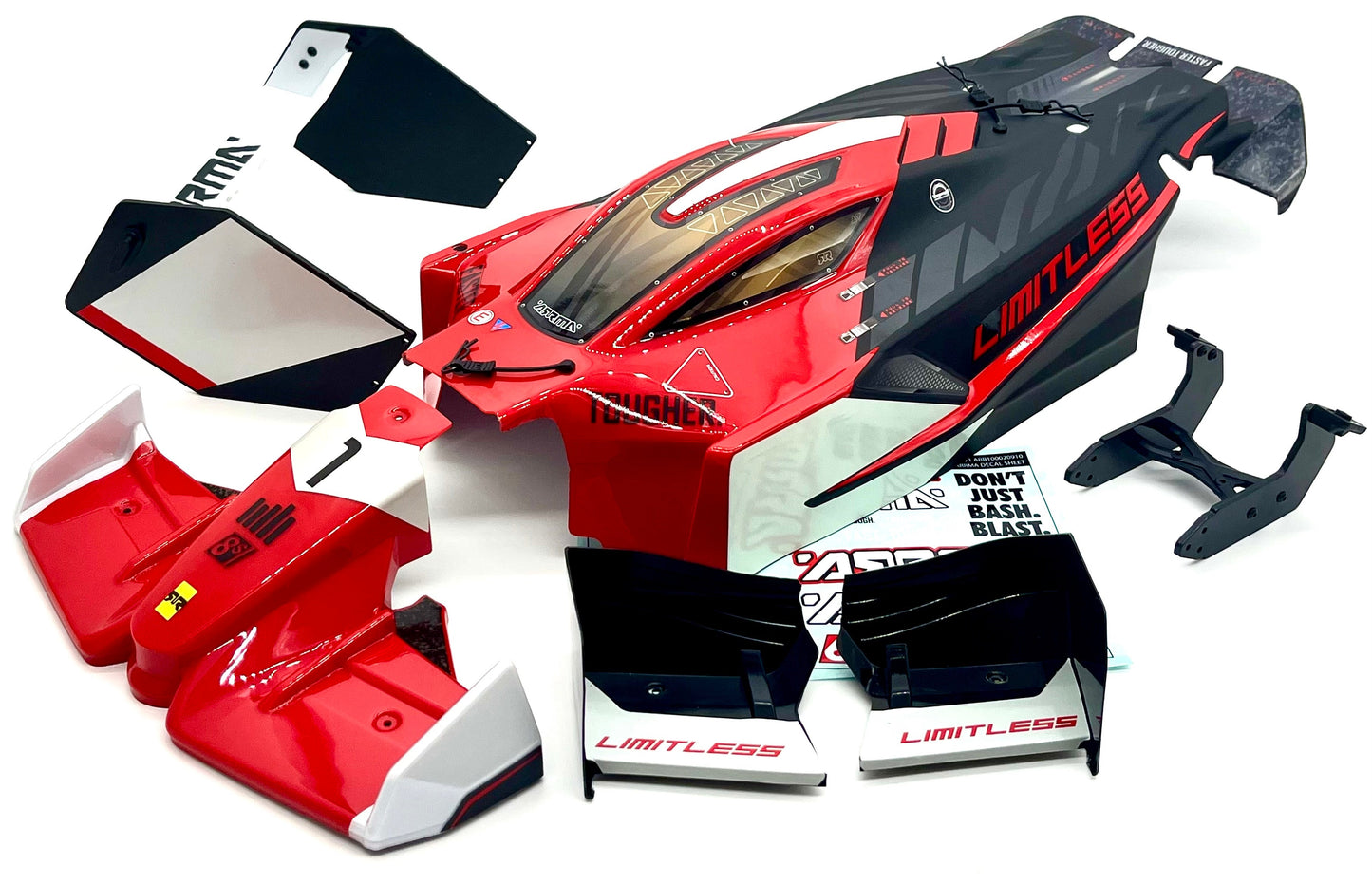 Arrma LIMITLESS 120 8s - BODY Shell, wing set mount (RED/BLACK ARA7816
