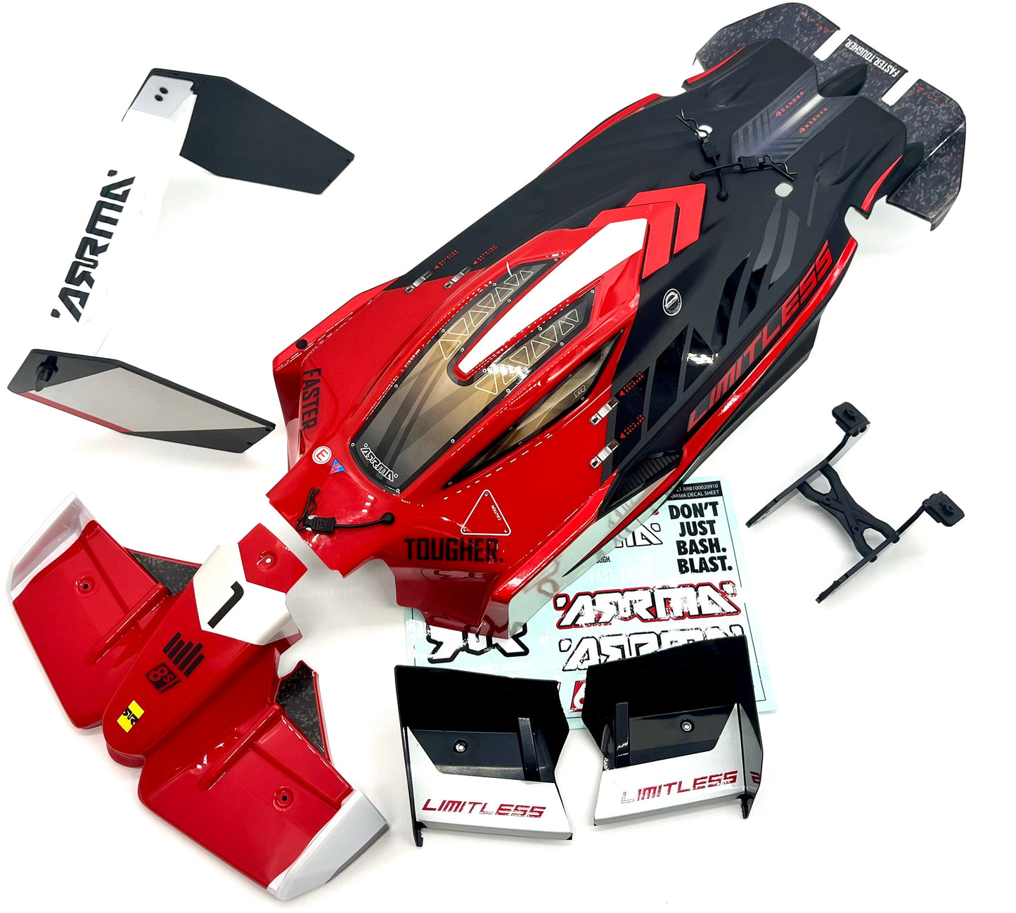 Arrma LIMITLESS 120 8s - BODY Shell, wing set mount (RED/BLACK ARA7816