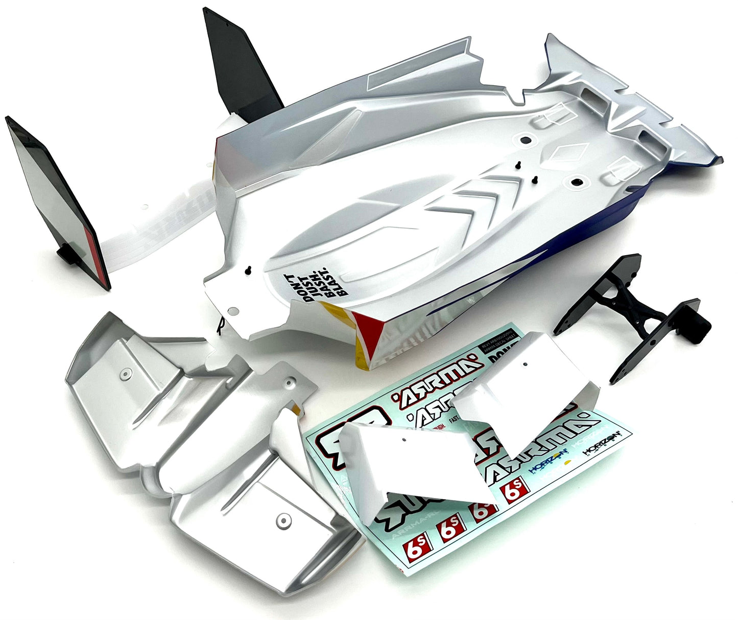Arrma LIMITLESS 120 8s - BODY Shell, wing set mount (WHITE/BLUE ARA7816