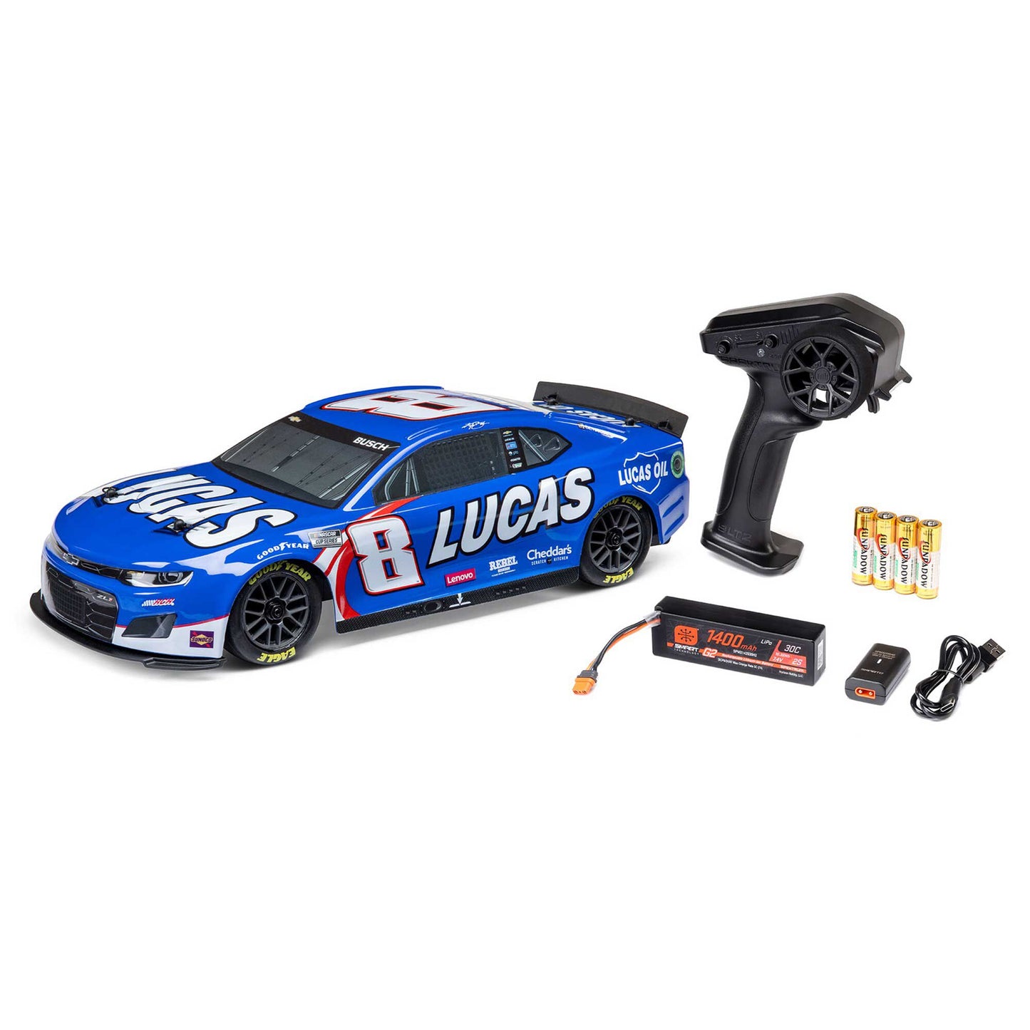 Losi 1/12 NASCAR RC Race Car Kyle Busch No. 8 2024 Lucas Oil Chevrolet ZL1 Camaro 2S AWD RTR Brushed On-Road (Battery & Charger Included), Blue