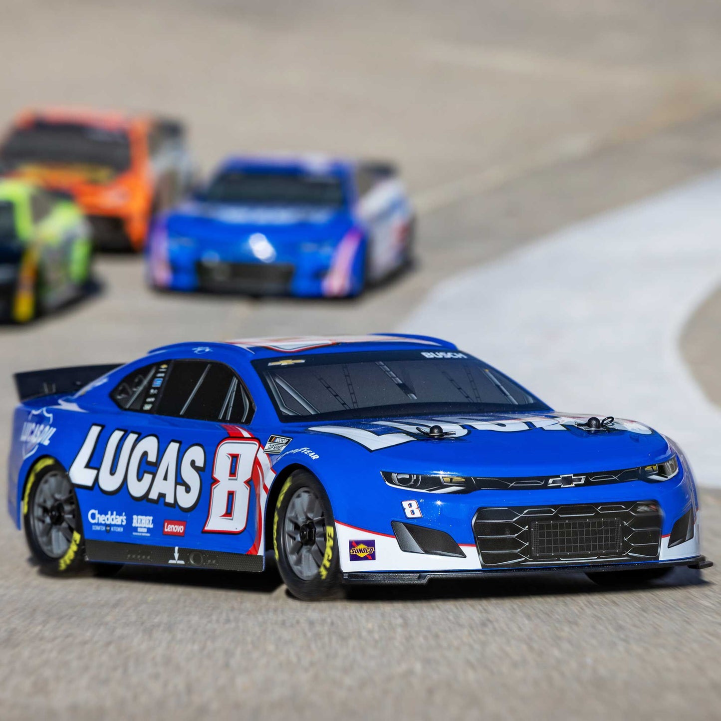 Losi 1/12 NASCAR RC Race Car Kyle Busch No. 8 2024 Lucas Oil Chevrolet ZL1 Camaro 2S AWD RTR Brushed On-Road (Battery & Charger Included), Blue