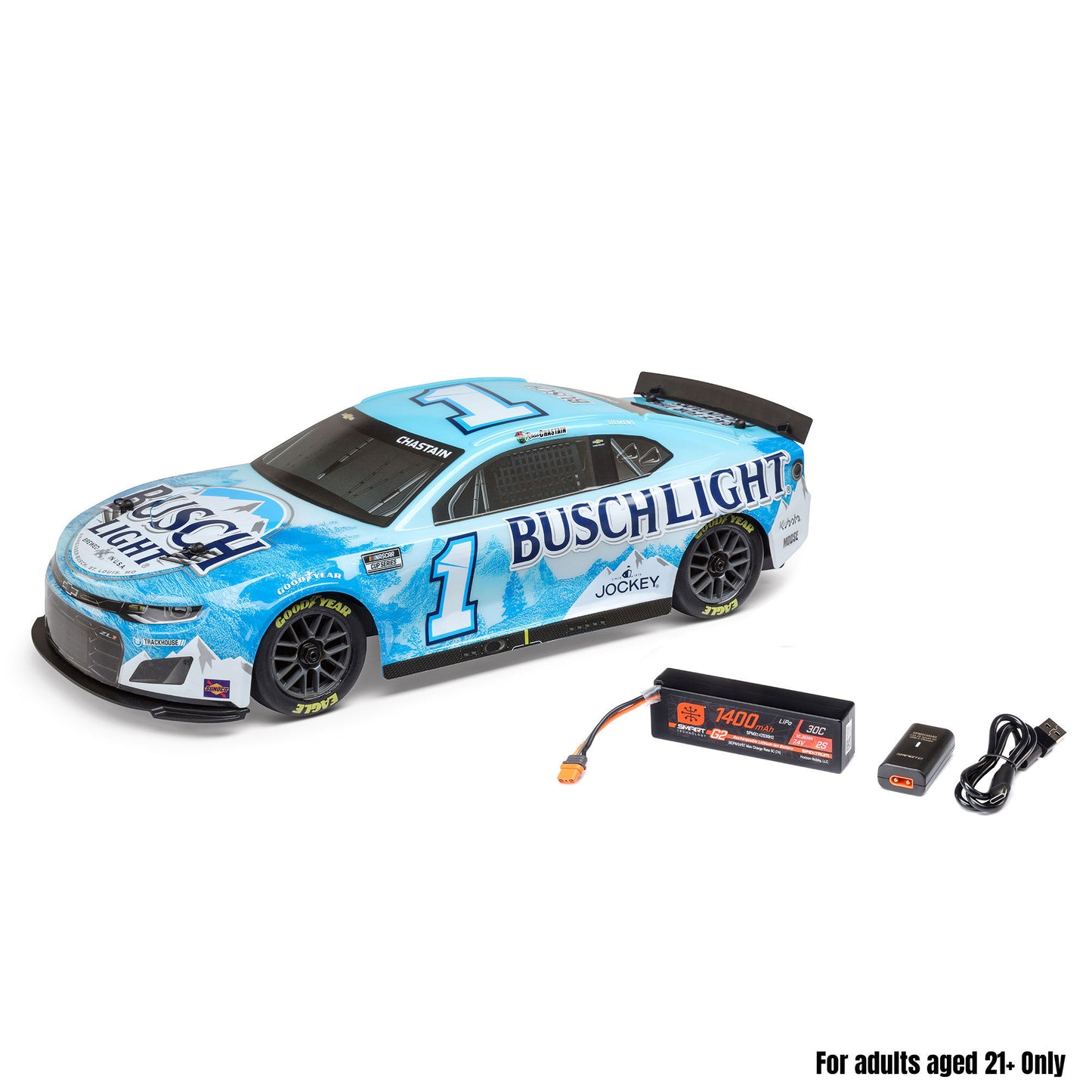 Losi 1/12 NASCAR RC Race Car Ross Chastain No. 1 2025 Busch Light Chevrolet ZL1 2S AWD RTR Brushed On-Road (Battery & Charger Included),  Blue