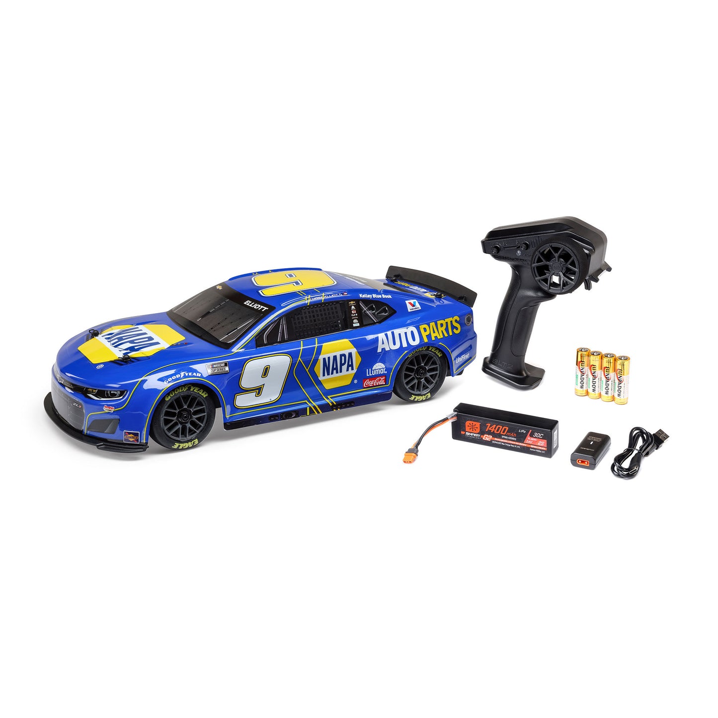 Losi 1/12 NASCAR RC Race Car Chase Elliott No. 9 2025 NAPA Chevrolet ZL1 2S AWD Brushed On-Road (Battery & Charger Included), Blue