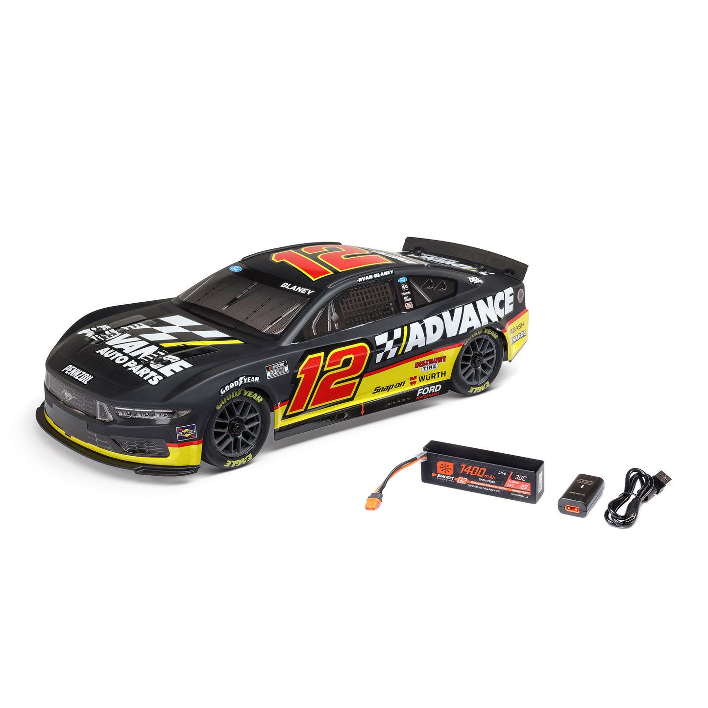 Losi 1/12 NASCAR RC Race Car Ryan Blaney No. 12 2025 Advance Auto Ford Mustang 2S AWD RTR Brushed On-Road (Battery & Charger included, Black
