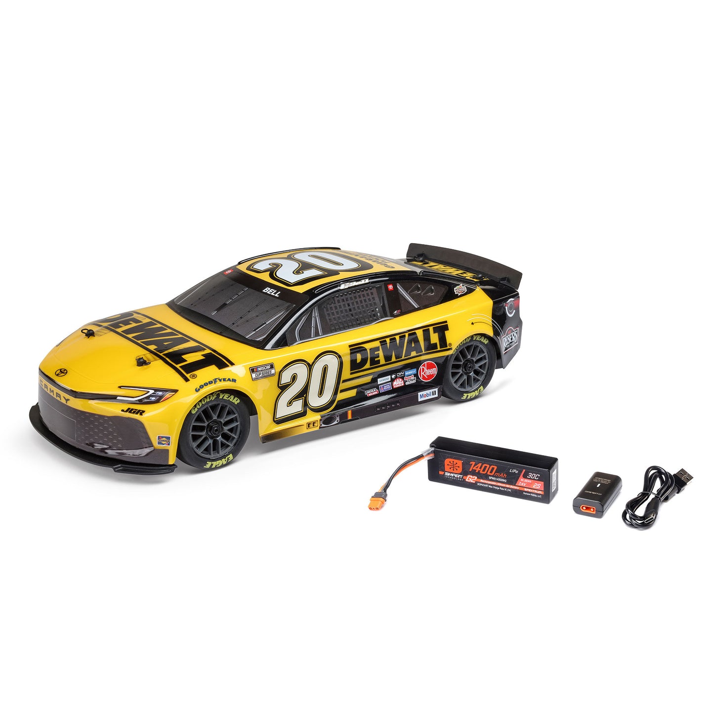 Losi 1/12 NASCAR RC Race Car Christopher Bell? No. 20? 2025 DEWALT Toyota Camry XSE 2S AWD RTR Brushed On-Road (Battery & Charger Included), Yellow
