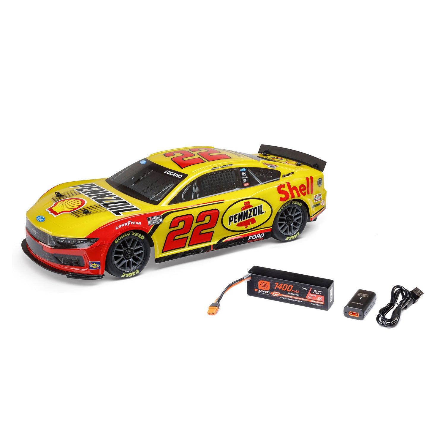 Losi 1/12 NASCAR RC Race Car Joey Logano No. 22 2025 Shell-Pennzoil Ford Mustang 2S AWD RTR Brushed On-Road (Battery & Charger Included), Yellow