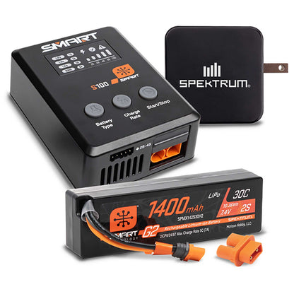 Spektrum Smart Powerstage Bundle: 1400mAh 2S 30C LiPo Battery (IC2) / S100 Charger /  65W Power Block / Adapter