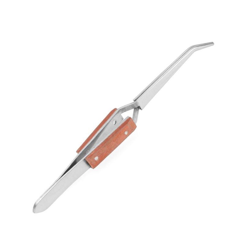 Curved, Wood Handle Soldering Tweezer, Carded