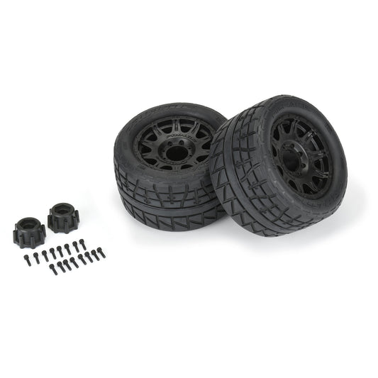 1/8 Menace HP BELTED Fr/Rr 3.8" MT Tires Mounted 17mm Black Raid (2)