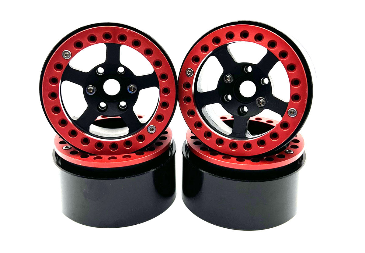 Racers Edge - 1.9" Aluminum Beadlock Rims (4pcs) 5 Star, Black with Red Rings