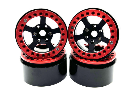 Racers Edge - 1.9" Aluminum Beadlock Rims (4pcs) 5 Star, Black with Red Rings