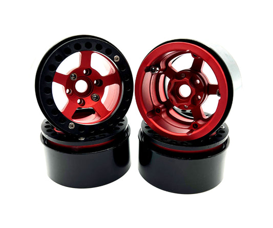Racers Edge - 1.9" Aluminum Beadlock Rims (4pcs) 5 Star, Red with Black Rings